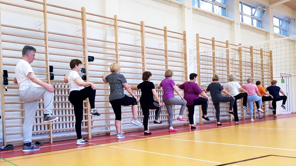 Gimnastyka dla seniorów - ćwiczenia przy drabinkach. Uczestnicy zajęć opierają rękę na szczeblu drabinki a drugą ręką oporują uniesione kolano.